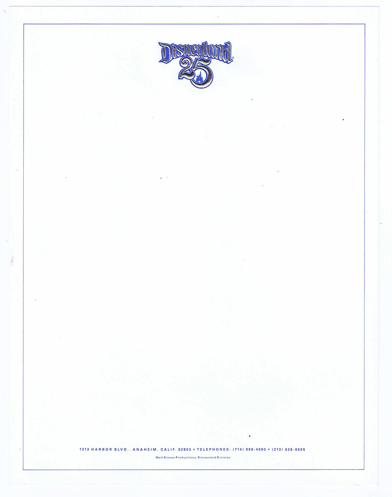 Disneyland 25th Anniversary Embossed Letterhead Walt Disney Productions